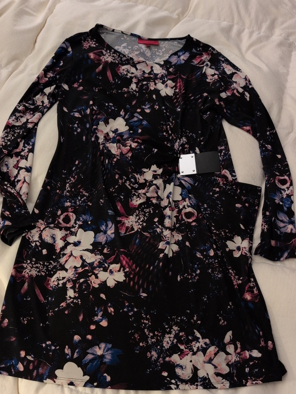 Jennifer Lopez Black Floral Long-Sleeve Dress with Belt Detail Size Large